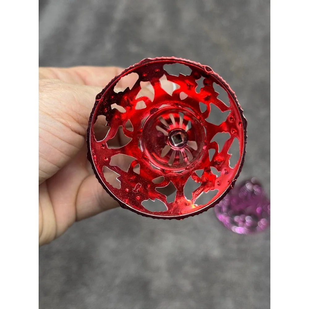 Vintage MCM Plastic Filigree Bell Christmas Ornaments Red Green Pink Lot of 4